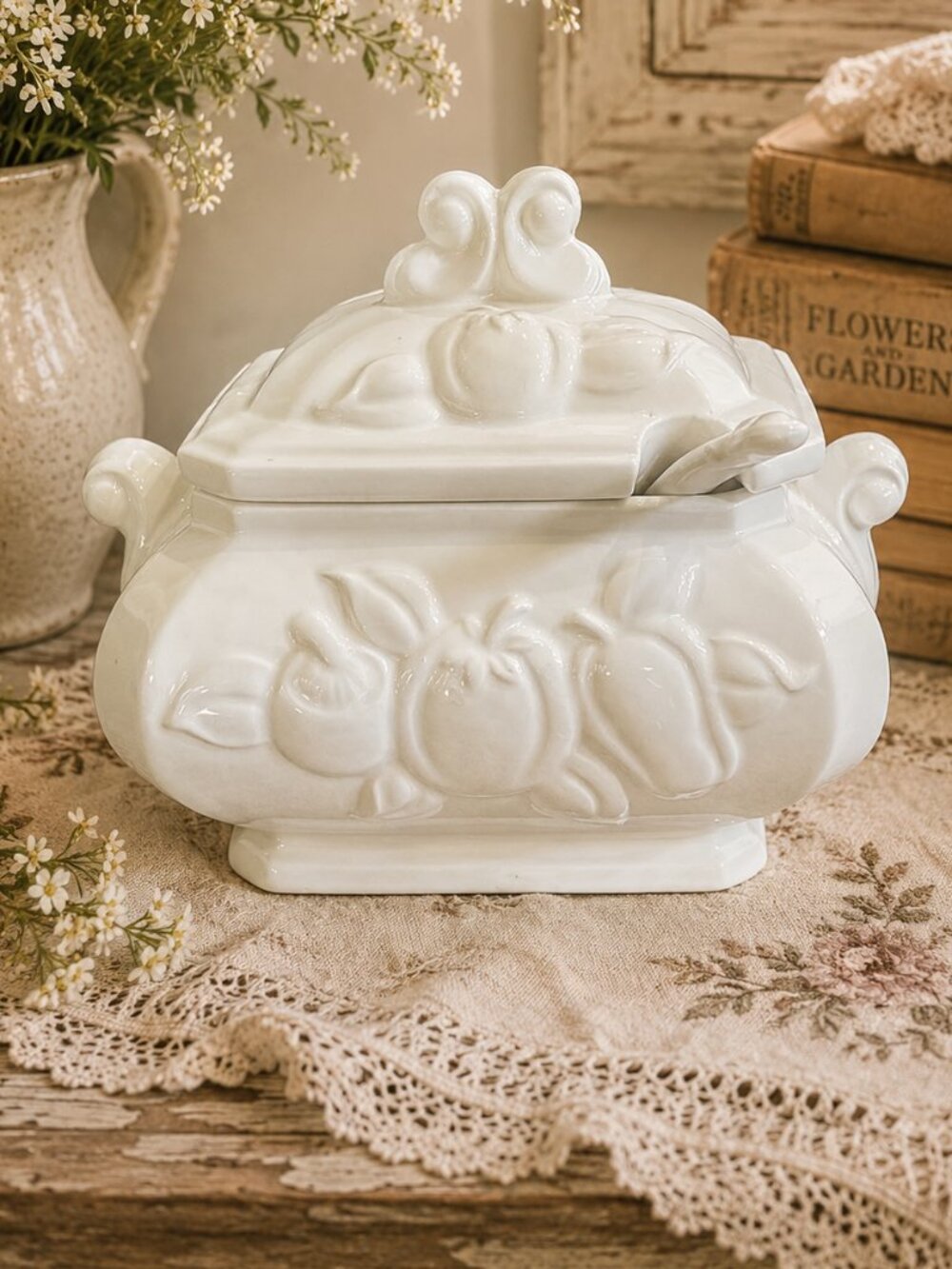 Vintage Ironstone Tureen Gravy Boat Embossed Fruit & Floral Design With Spoon